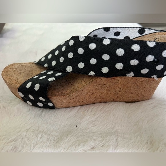 Lucky Brand Black white Polka dots studded women’s sandal wedges. Cork sole. 9.5 - Picture 5 of 12